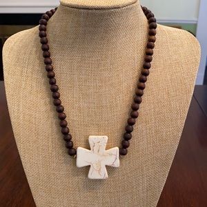 Wood Brown Bead Handmade Choker Necklace with White Cross Charm